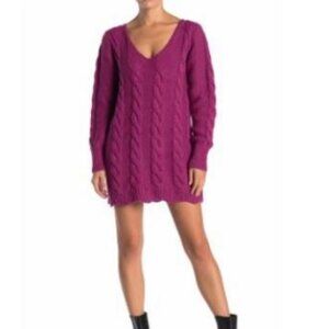 Fanco Womens Magenta V-neck Cable Knit Scallop Hem Dress L
